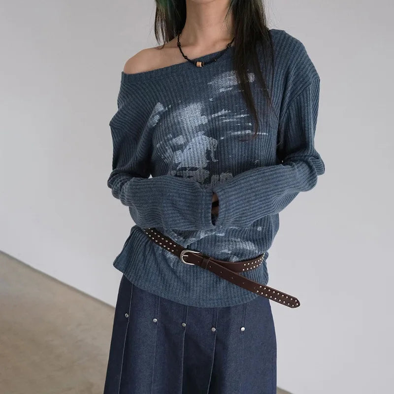 Vintage Streetwear Grunge Skew Collar Tops