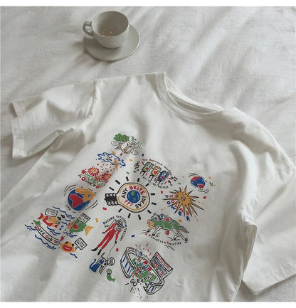 Loose Summer Cartoon Graphic Cotton Shirt