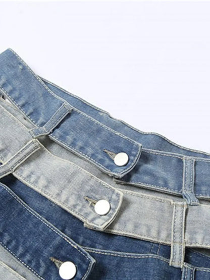 Denim Skirts High Waist Patchwork Buttons