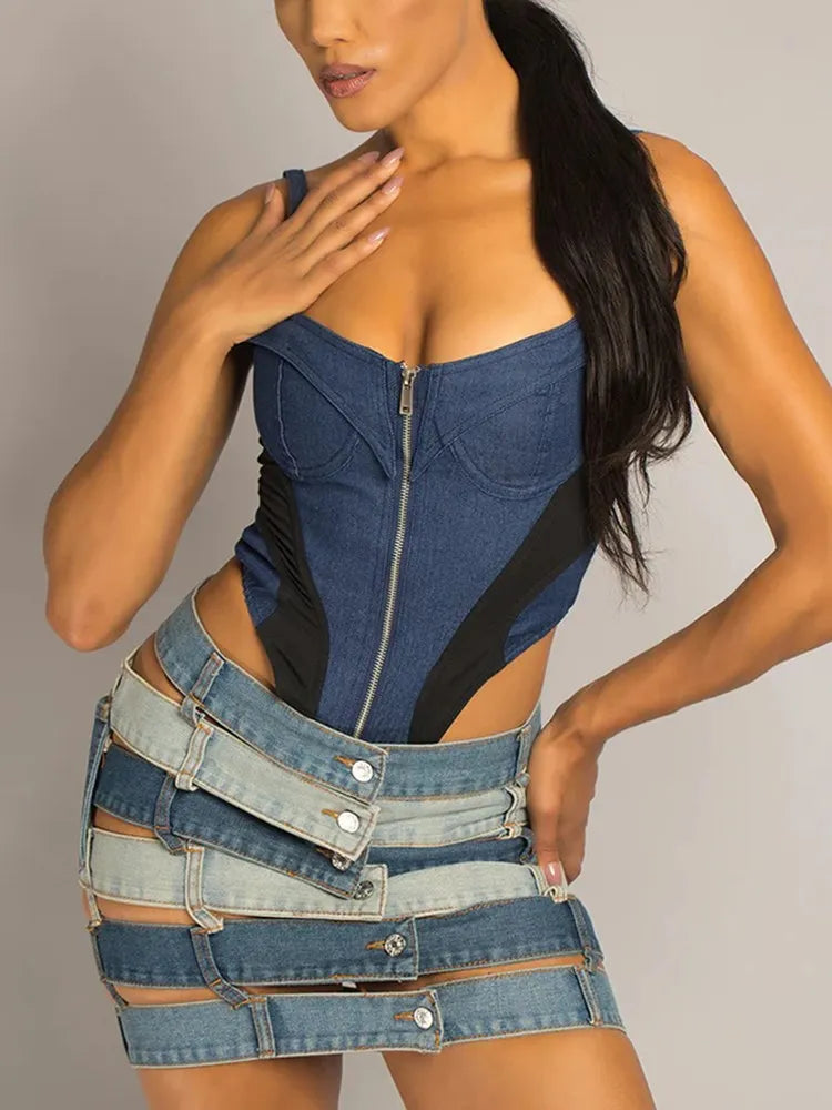 Denim Skirts High Waist Patchwork Buttons