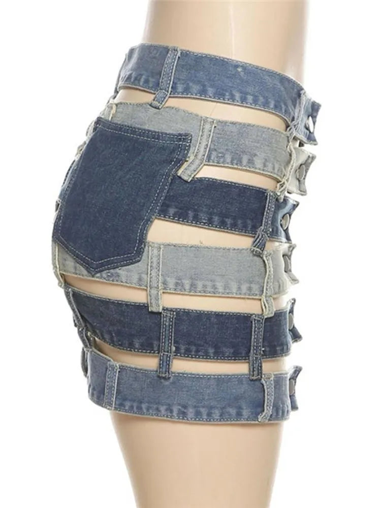 Denim Skirts High Waist Patchwork Buttons