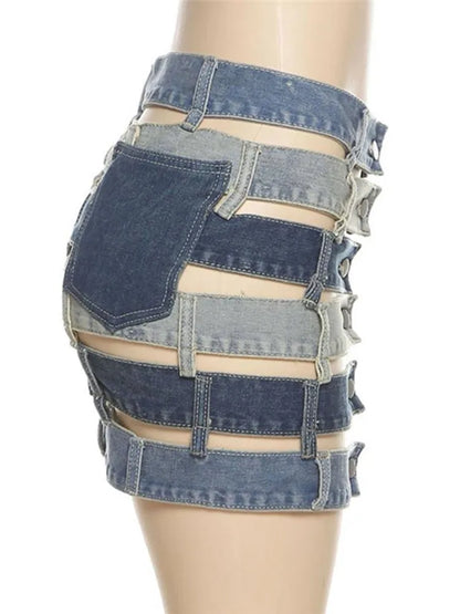 Denim Skirts High Waist Patchwork Buttons