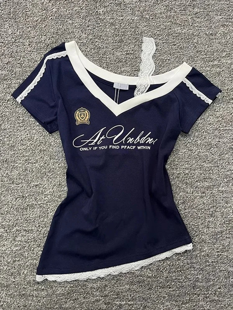 Waist Splicing Lace Strap Short Sleeve T-Shirt