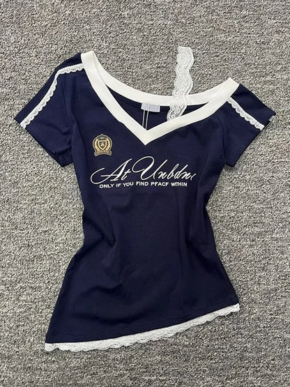Waist Splicing Lace Strap Short Sleeve T-Shirt