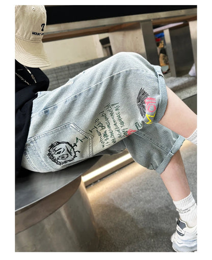 Boys Graffiti Drawing Denim Shorts Casual Ripped