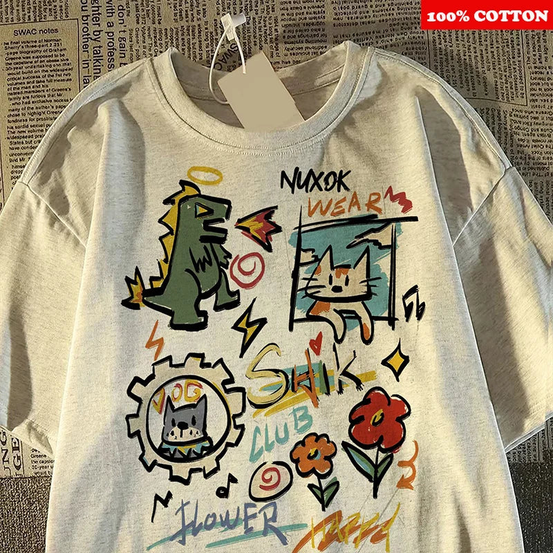 100% Cotton Cartoon Graffiti Print T-Shirt Casual