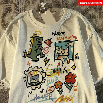 100% Cotton Cartoon Graffiti Print T-Shirt Casual