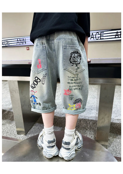 Boys Graffiti Drawing Denim Shorts Casual Ripped