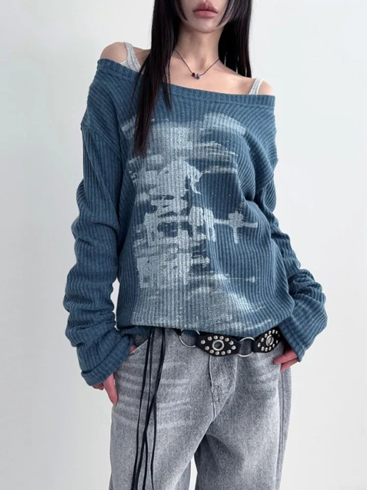 Vintage Streetwear Grunge Skew Collar Tops