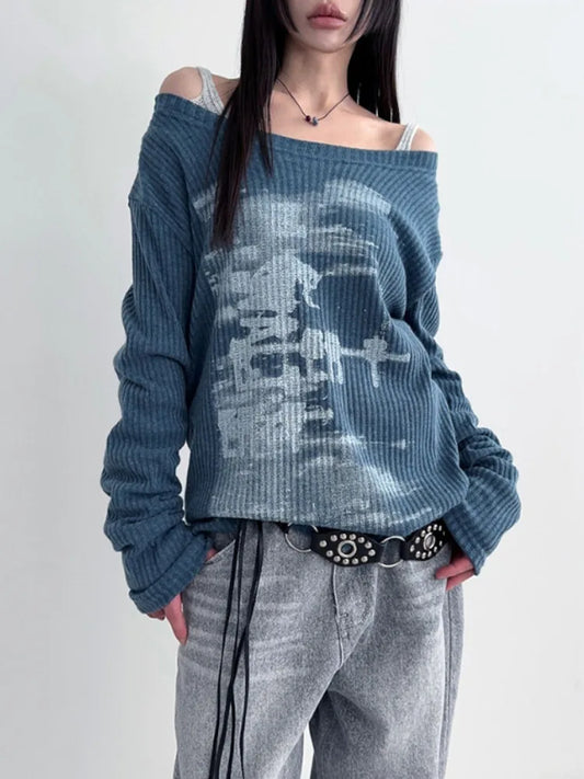 Vintage Streetwear Grunge Skew Collar Tops