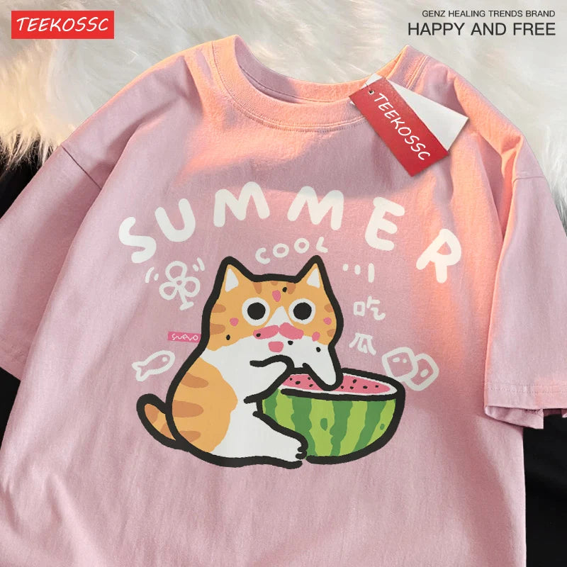 Eating Melons Cats Funny Oversized Tee