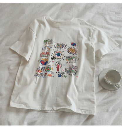 Loose Summer Cartoon Graphic Cotton Shirt