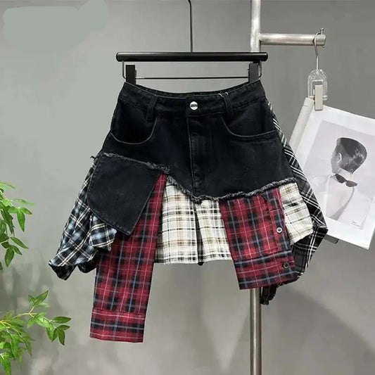 Patchwork Plaid Skirts Denim Short High Waist Wrapped