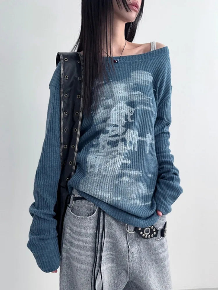 Vintage Streetwear Grunge Skew Collar Tops