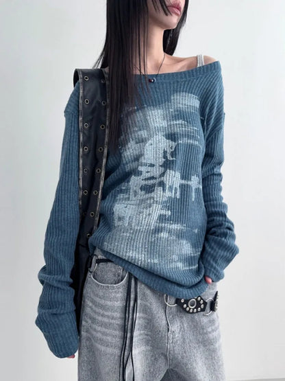 Vintage Streetwear Grunge Skew Collar Tops