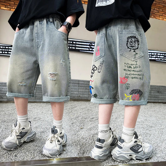 Boys Graffiti Drawing Denim Shorts Casual Ripped