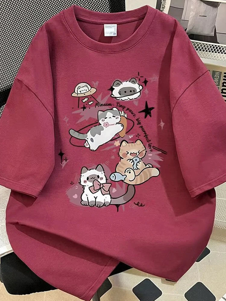 Y2K Style Anime Cat Print Tee