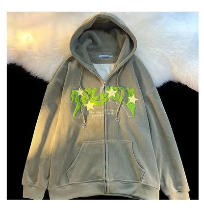 Retro Embroidered Letter Loose Hooded Sweatshirts