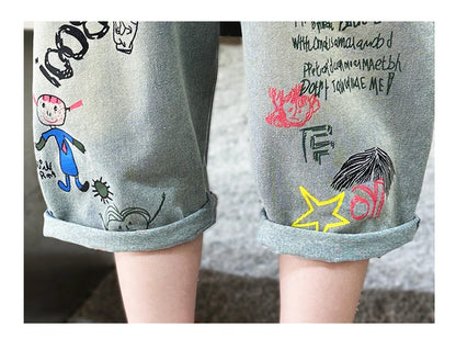 Boys Graffiti Drawing Denim Shorts Casual Ripped