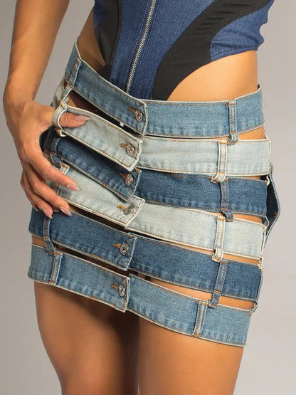 Denim Skirts High Waist Patchwork Buttons