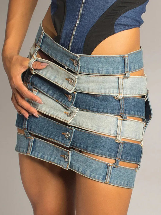 Denim Skirts High Waist Patchwork Buttons