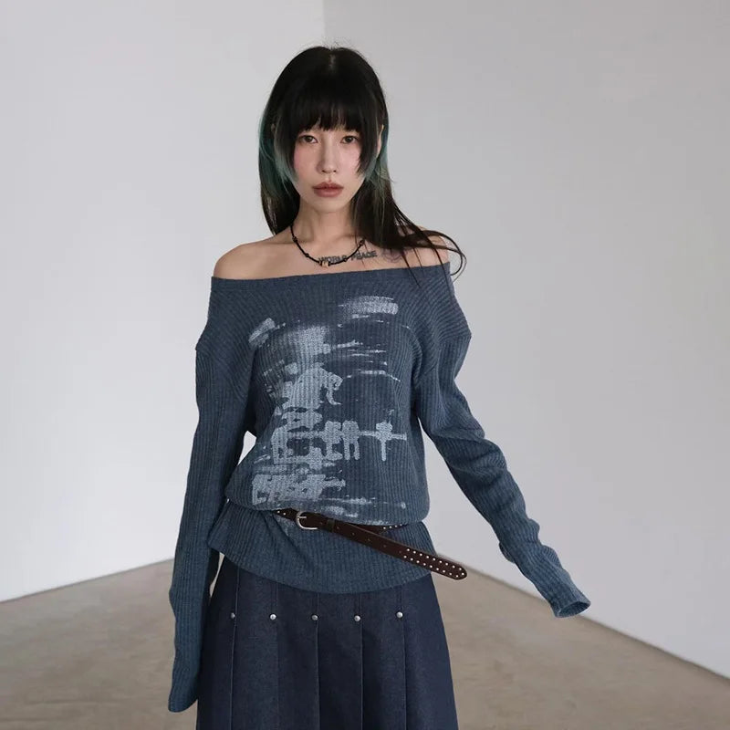 Vintage Streetwear Grunge Skew Collar Tops