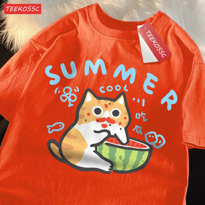 Eating Melons Cats Funny Oversized Tee