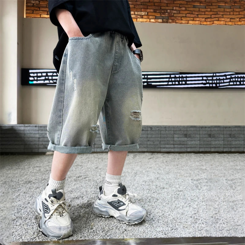 Boys Graffiti Drawing Denim Shorts Casual Ripped