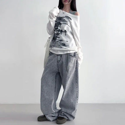 Vintage Streetwear Grunge Skew Collar Tops
