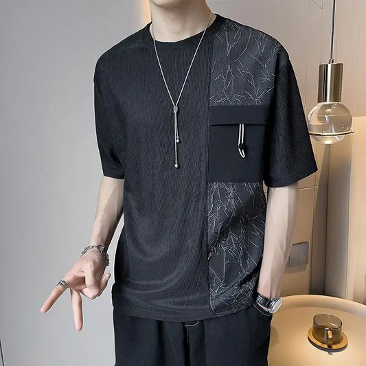 Stylish Round Neck T-Shirt Patchwork Design