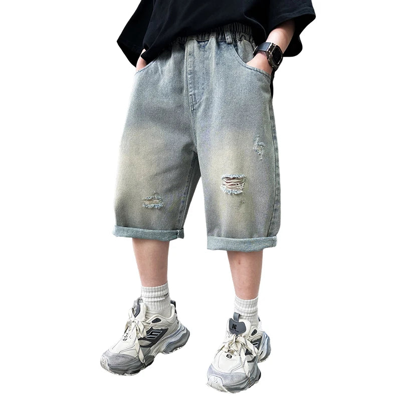 Boys Graffiti Drawing Denim Shorts Casual Ripped