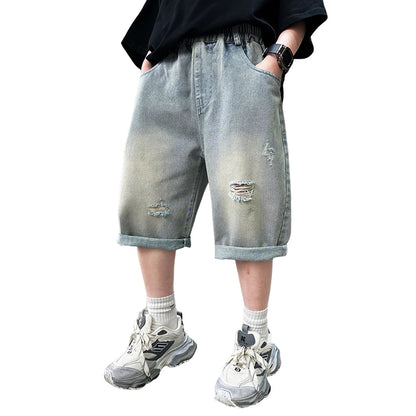 Boys Graffiti Drawing Denim Shorts Casual Ripped