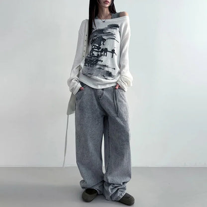 Vintage Streetwear Grunge Skew Collar Tops