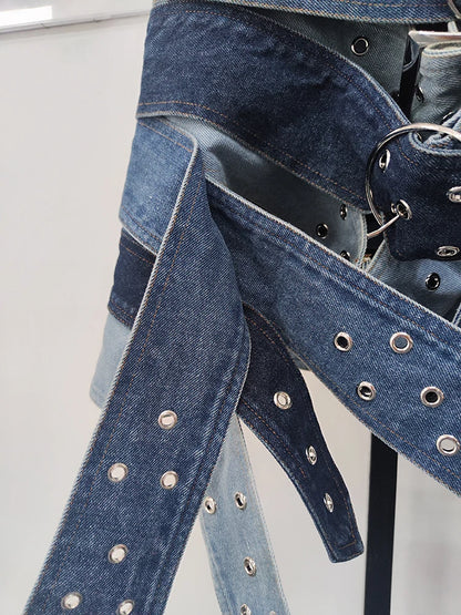 Fashion Denim Skirt Belt Waist Washed Metal Hole
