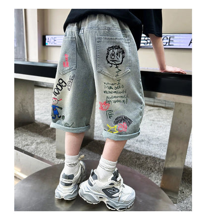 Boys Graffiti Drawing Denim Shorts Casual Ripped