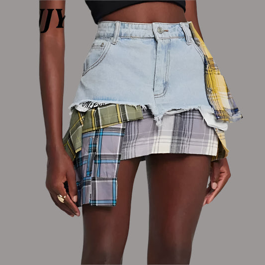 American Retro Streetwear Plaid Patchwork Skirt