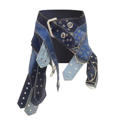 Fashion Denim Skirt Belt Waist Washed Metal Hole