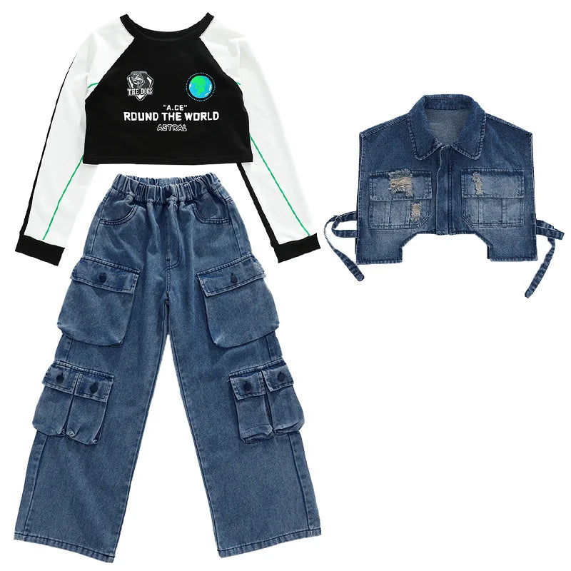 Teens Hiphop Cropped T-Shirt Jeans Streetwear Set