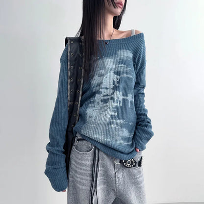 Vintage Streetwear Grunge Skew Collar Tops