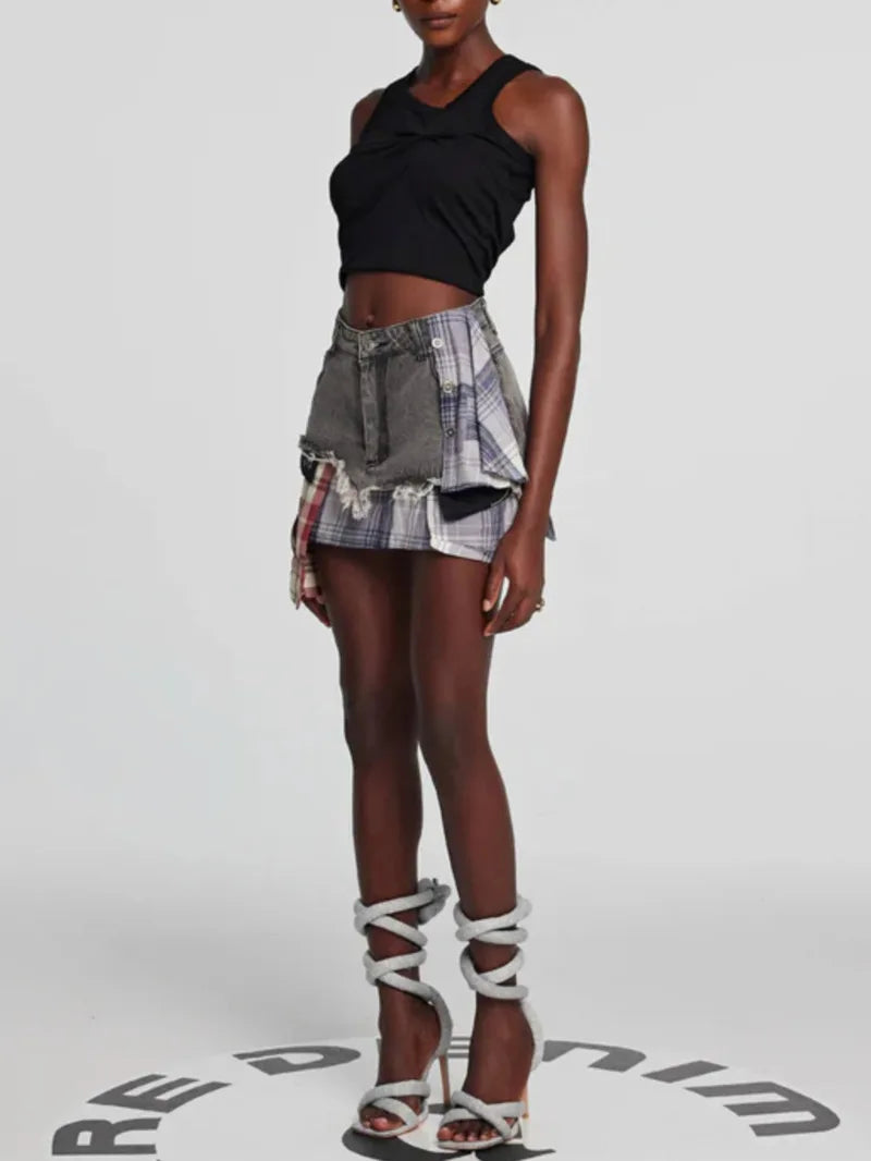 American Retro Streetwear Plaid Patchwork Skirt