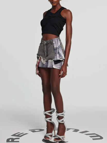American Retro Streetwear Plaid Patchwork Skirt