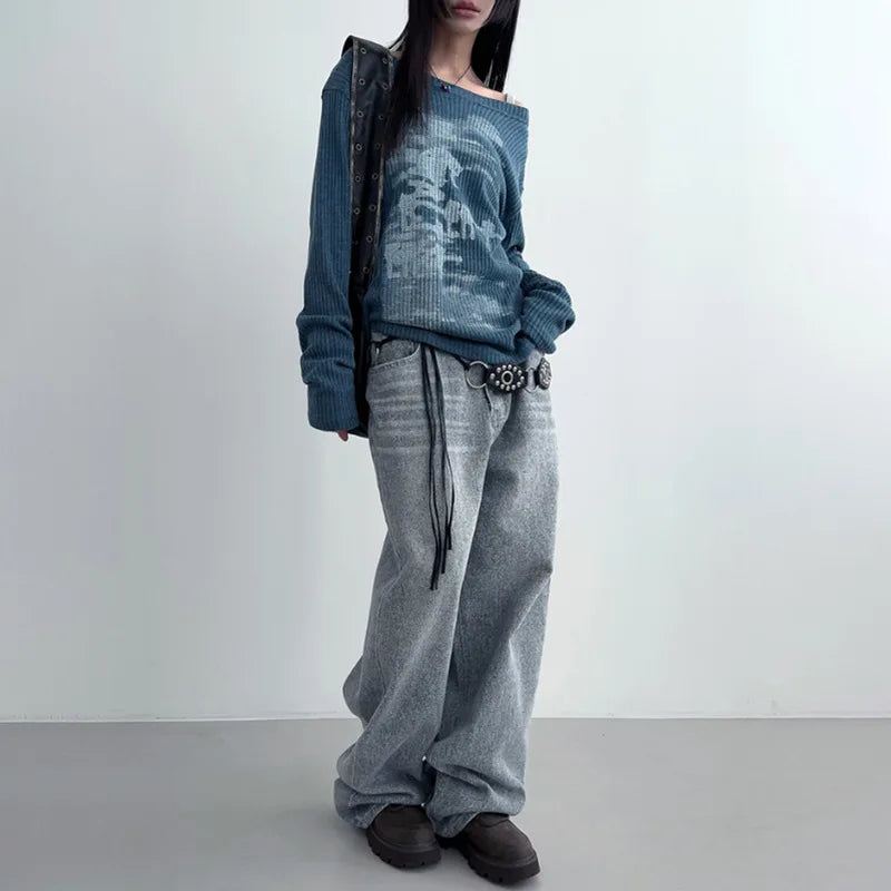 Vintage Streetwear Grunge Skew Collar Tops