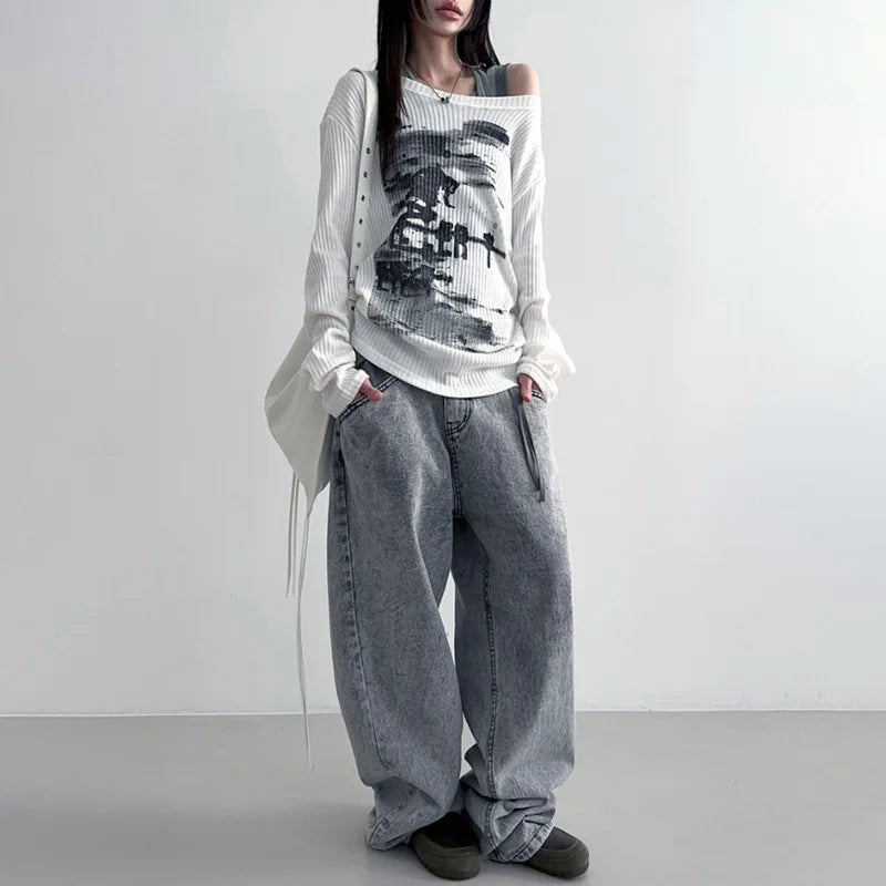 Vintage Streetwear Grunge Skew Collar Tops