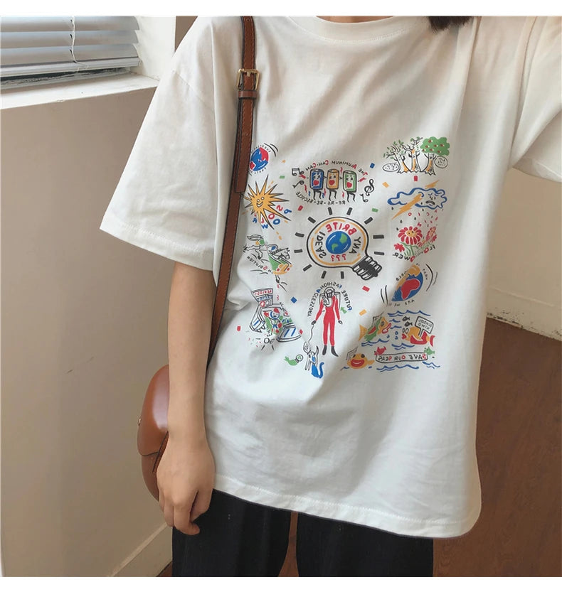 Loose Summer Cartoon Graphic Cotton Shirt