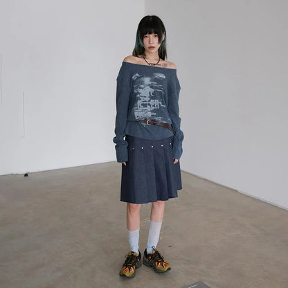 Vintage Streetwear Grunge Skew Collar Tops