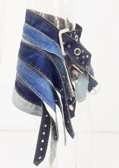Fashion Denim Skirt Belt Waist Washed Metal Hole
