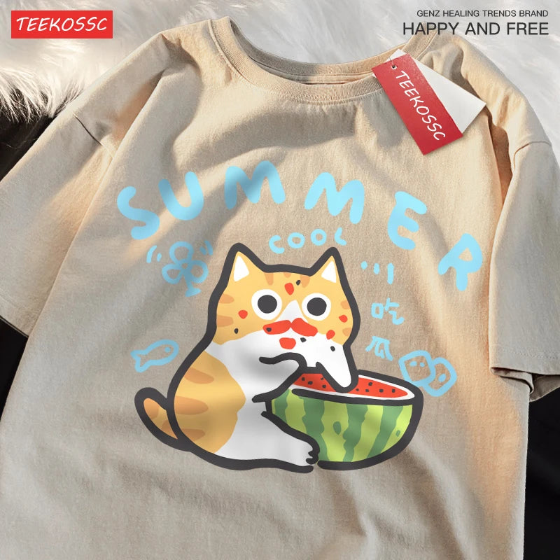 Eating Melons Cats Funny Oversized Tee