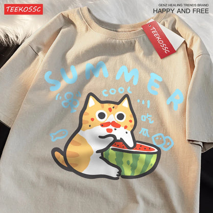Eating Melons Cats Funny Oversized Tee