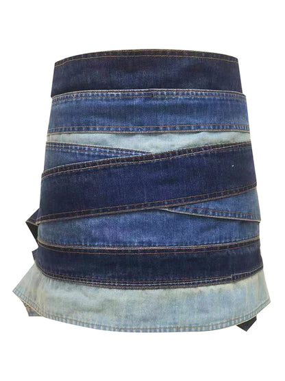 Fashion Denim Skirt Belt Waist Washed Metal Hole