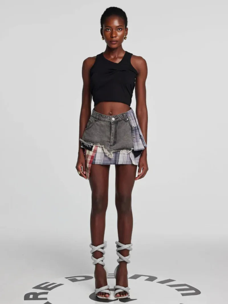 American Retro Streetwear Plaid Patchwork Skirt